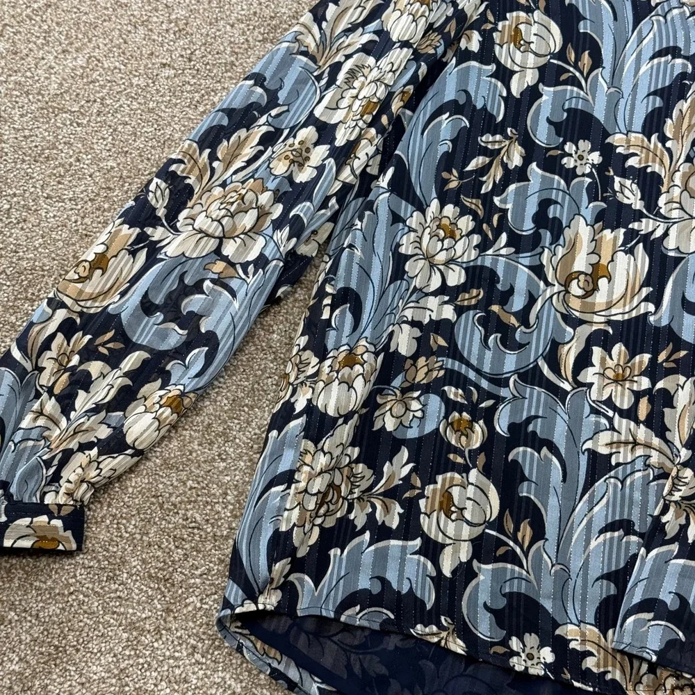Ann Taylor Factory Blue Floral Metallic Stripe V-Neck Blouse Womens M Office